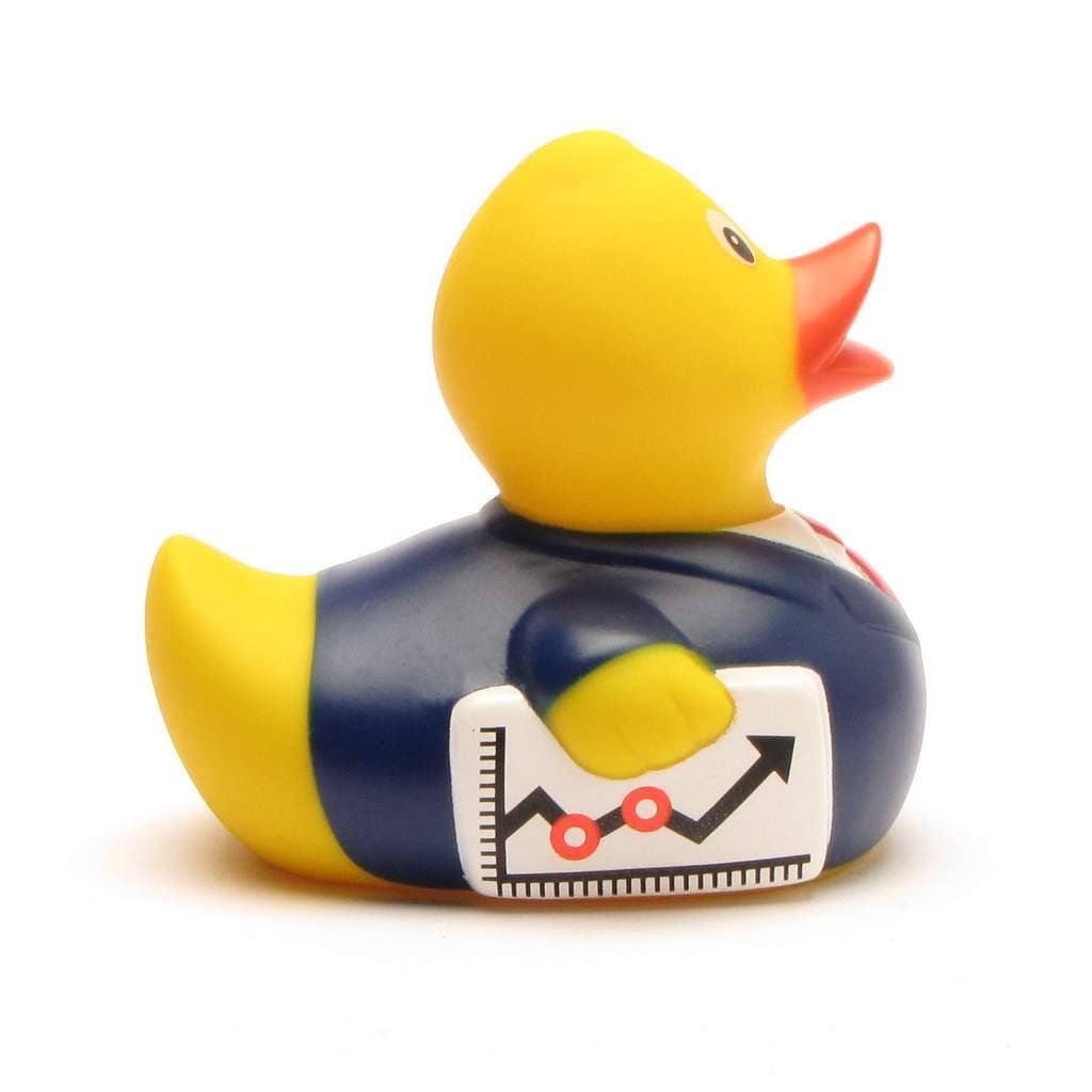 Vista trasera de pato de goma empresario con traje y maletín