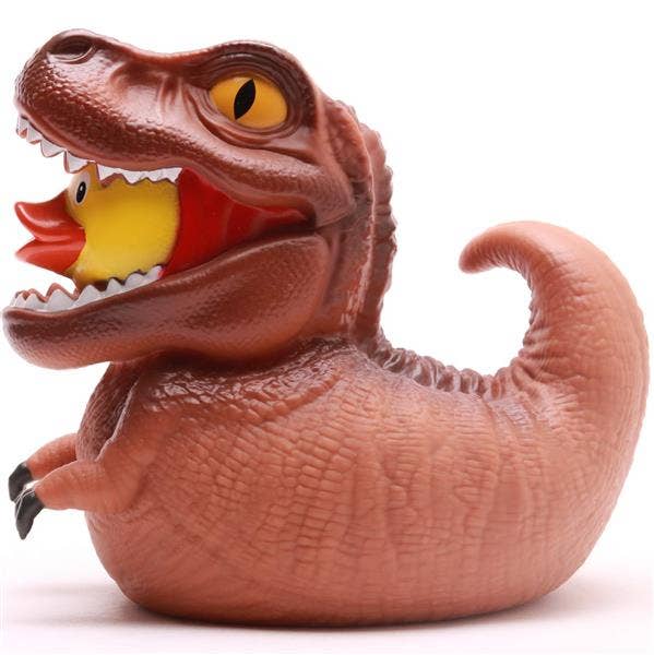 Vista trasera de pato de goma T-Rex marrón con cola curvada y textura de dinosaurio