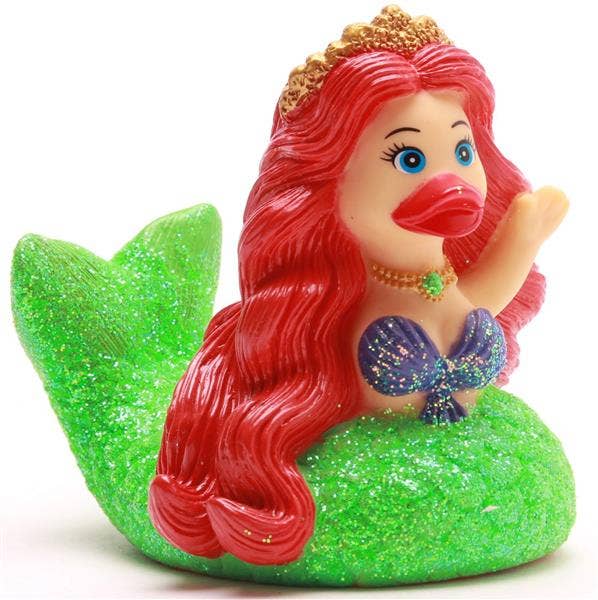 Patito de goma sirena con cola verde y pelo rojo