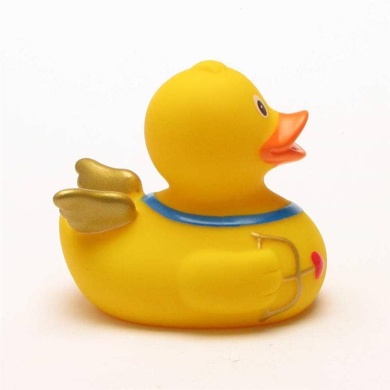 Pato de goma Cupido con alas doradas y flecha del amor