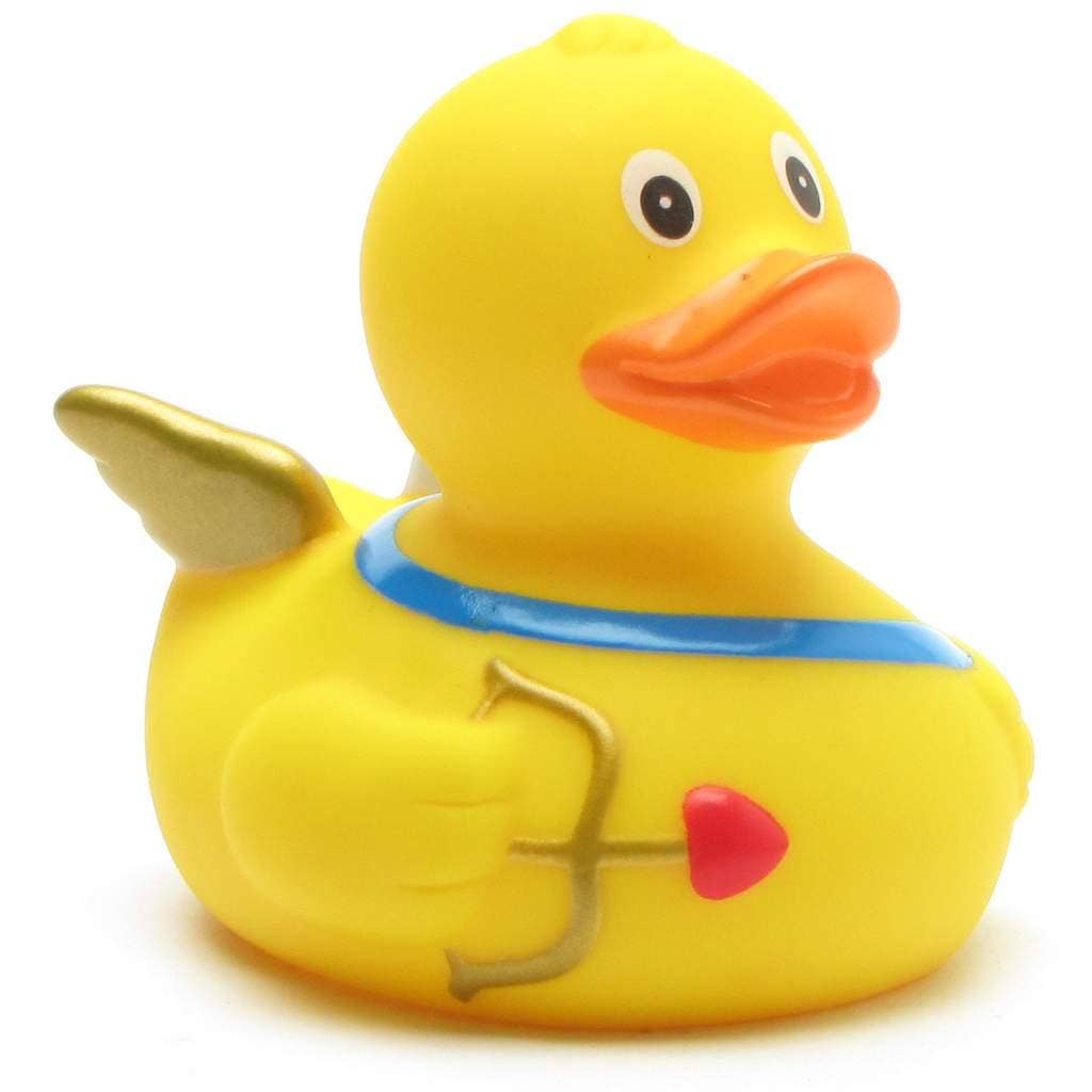 Pato de goma amarillo inspirado en Cupido con arco azul y flecha roja