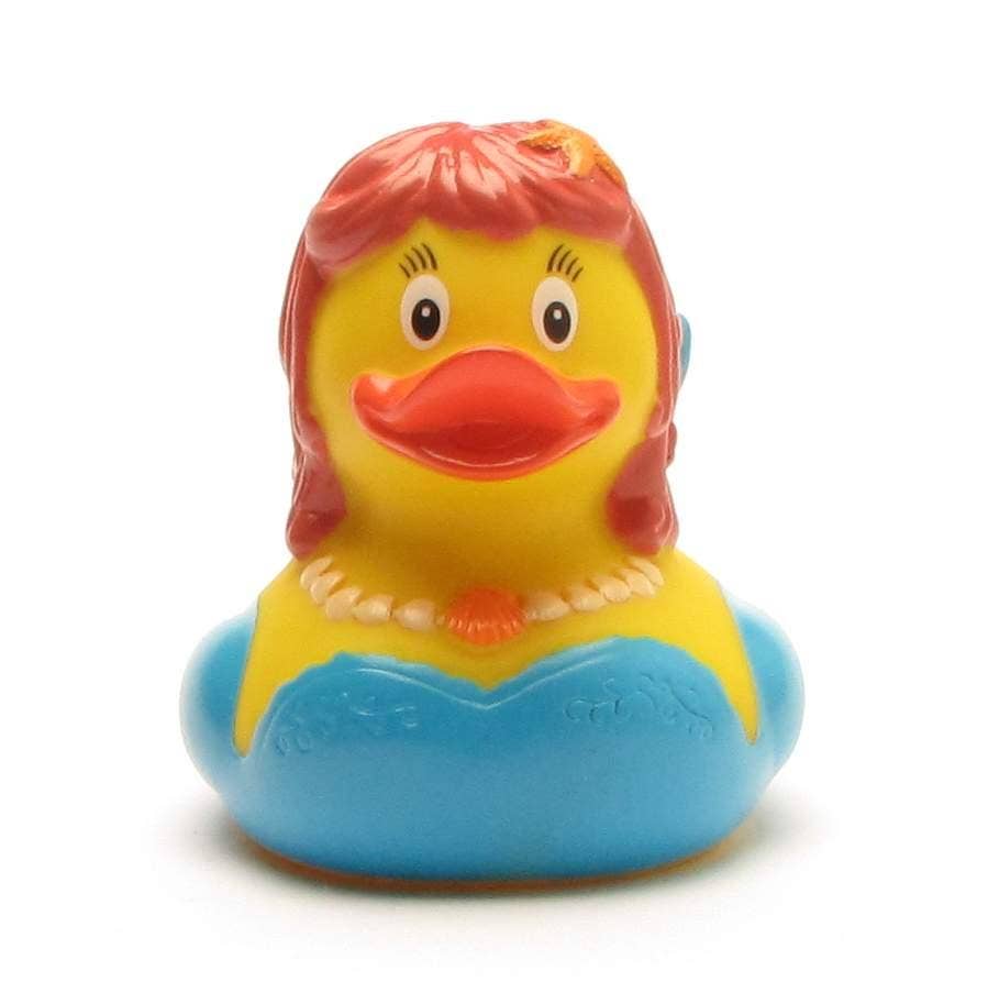 Pato de goma sirena con collar de perlas y cola de pez azul