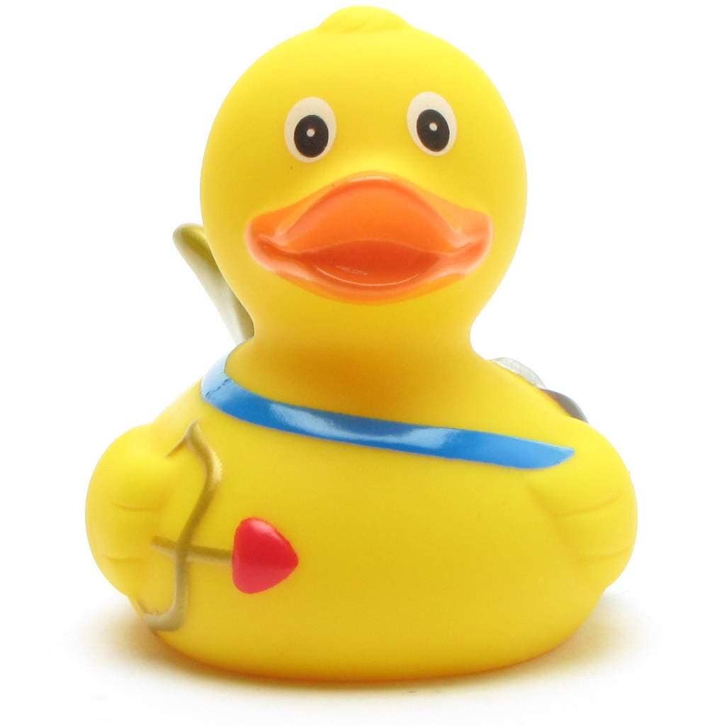 Pato de goma Cupido con alas doradas, arco y flecha de corazón