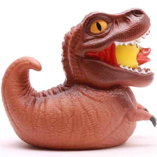 Vista lateral de pato T-Rex marrón con textura escamosa y dientes visibles