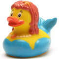 Pato de goma sirena con cabello rojo, estrellas de mar y cola azul