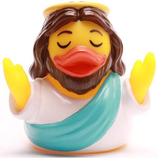 Patito de goma Jesucristo de frente con brazos levantados