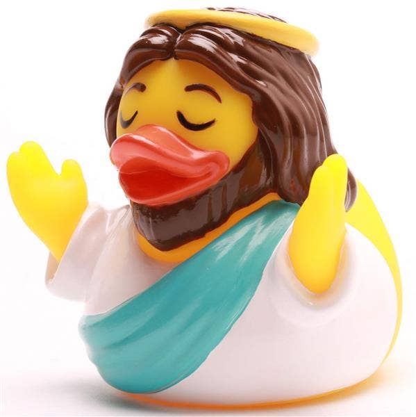Patito de goma Jesucristo vista frontal con túnica blanca y azul