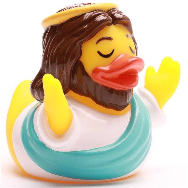 Patito de goma Jesucristo sonriente con túnica azul