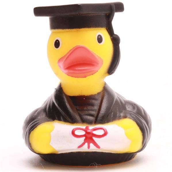 Mini pato de goma académico con birrete y diploma vista frontal