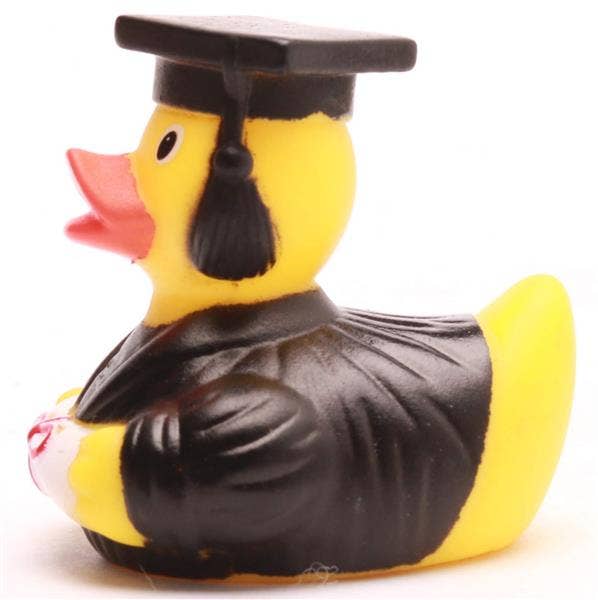 Mini pato de goma académico con toga visto de perfil