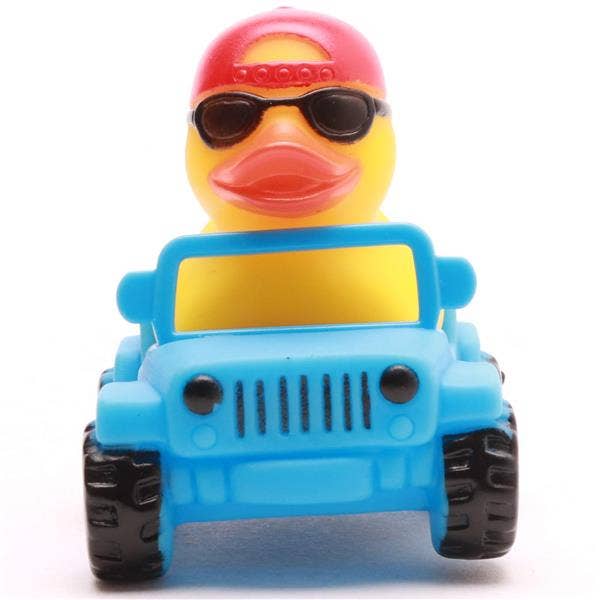 Mini pato de goma en Jeep azul vista frontal