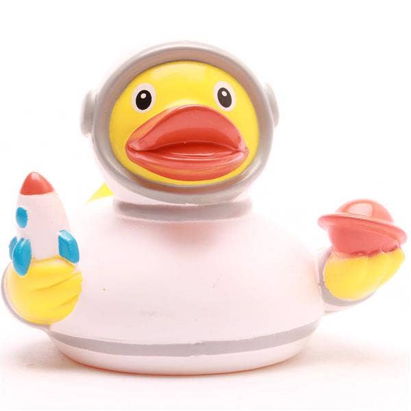 Patito de goma astronauta con traje espacial vista frontal