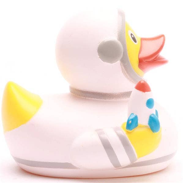 Pato de goma astronauta con cohete y ovni