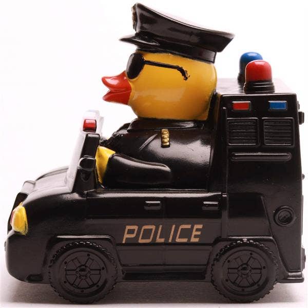 Patito de goma policía en coche patrulla vista lateral izquierda