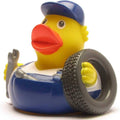 Patito de goma mecánico de autos con neumático y llave inglesa vista frontal