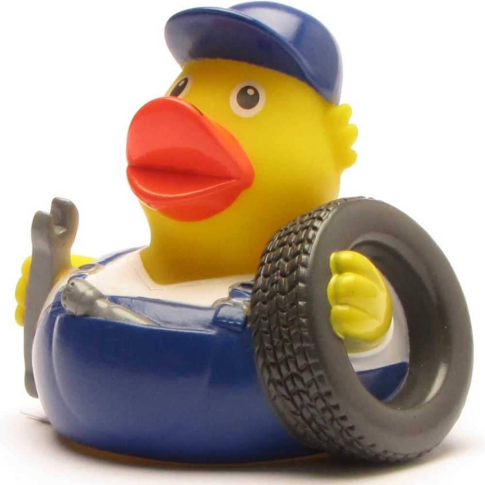 Patito de goma mecánico de autos con neumático y llave inglesa vista frontal