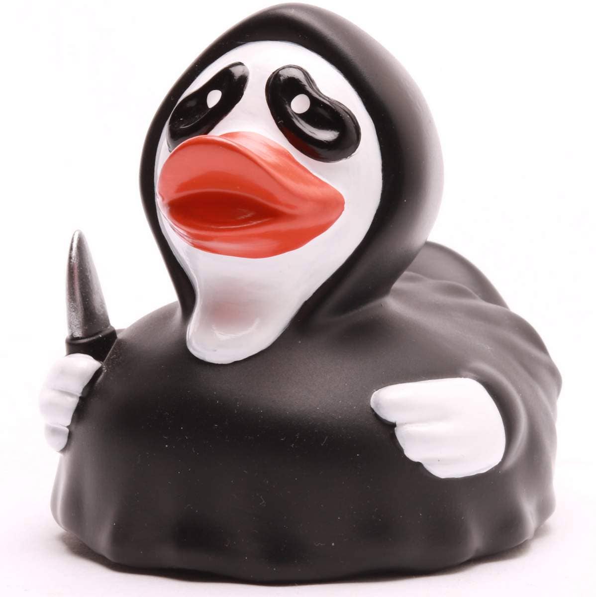 Patito de goma Scream con capucha negra y cuchillo vista frontal