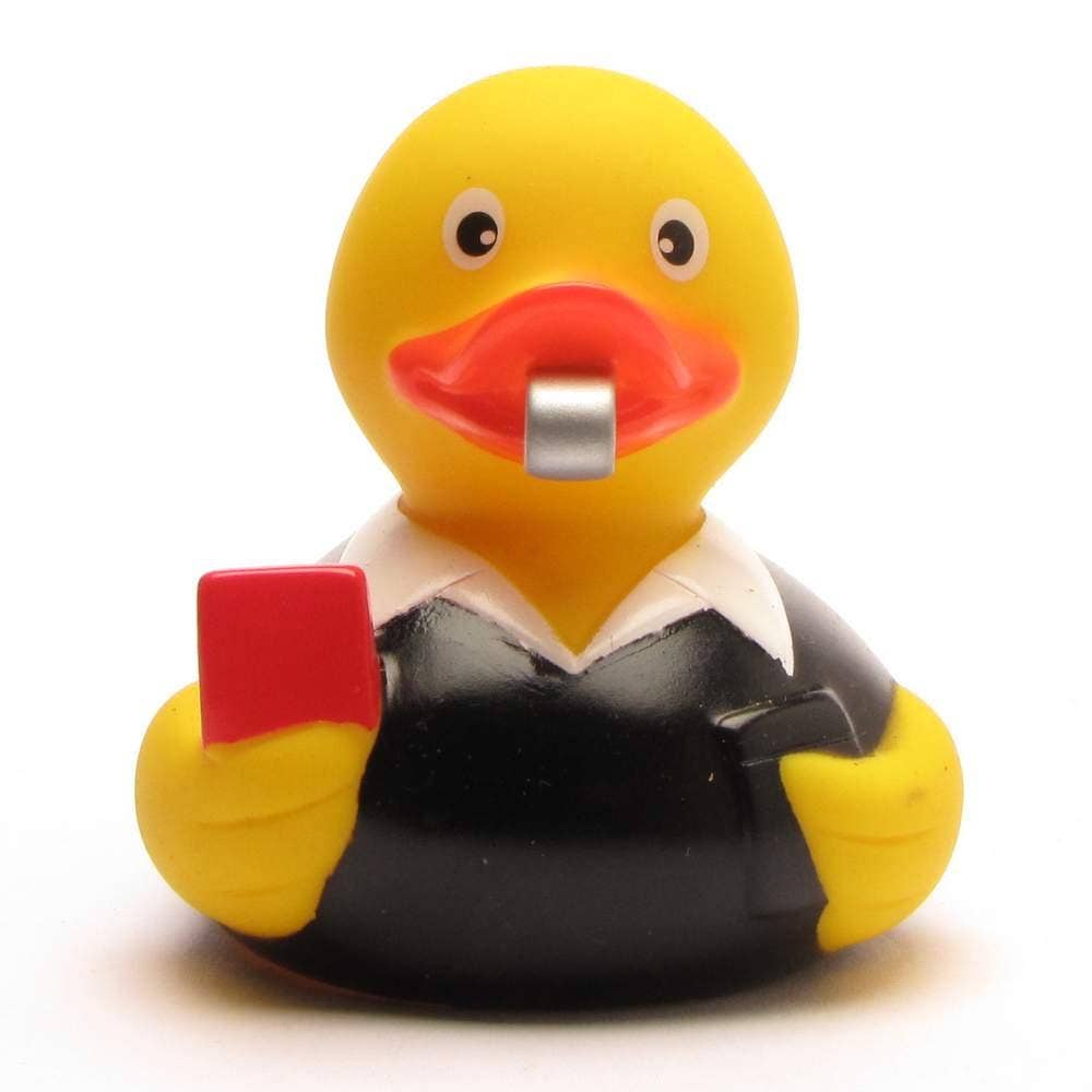 Patito de goma árbitro con tarjetas roja y amarilla
