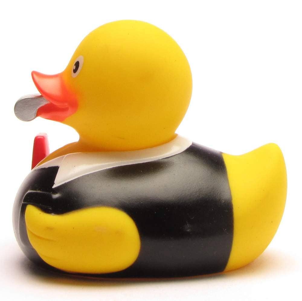 Patito de goma árbitro de fútbol vista lateral izquierda