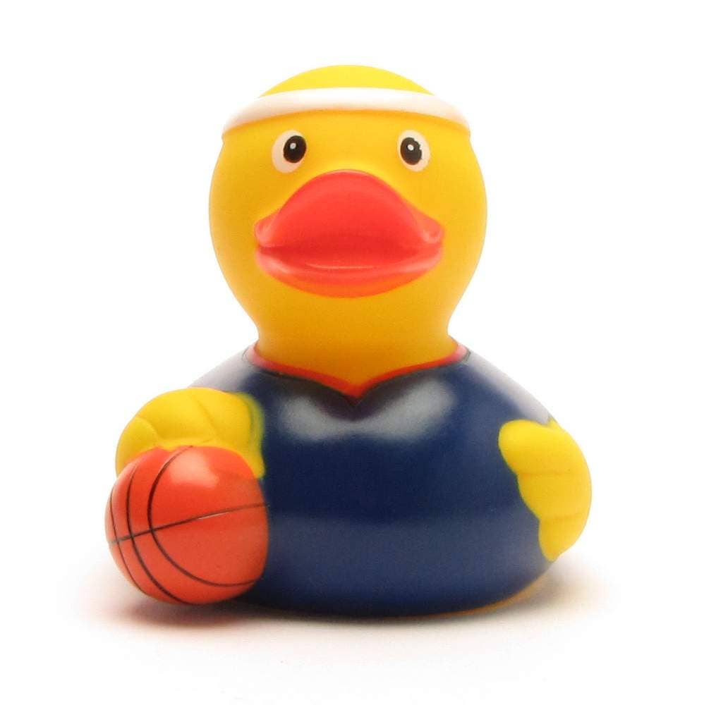 Patito de goma jugador de baloncesto con balón