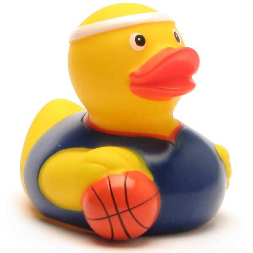 Patito de goma baloncesto con balón vista frontal