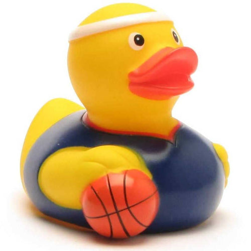 Patito de goma baloncesto con balón vista frontal