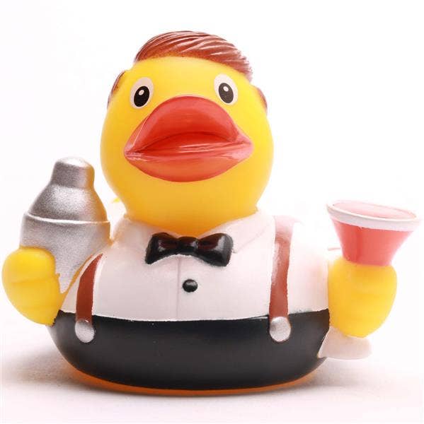 Patito de goma barman con cóctel y coctelera