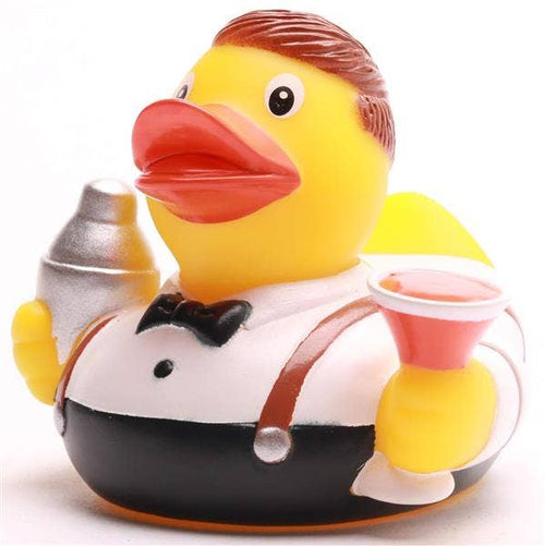Patito de goma barman con coctelera vista frontal