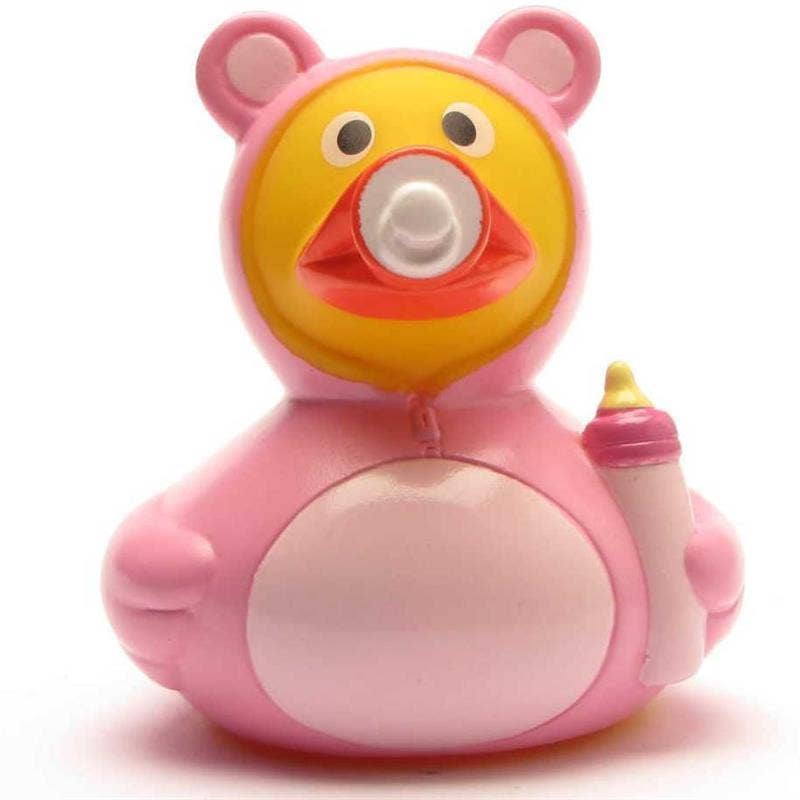 Patito de goma bebé niña rosa con chupete y biberón detalle delantero

Foto 4
