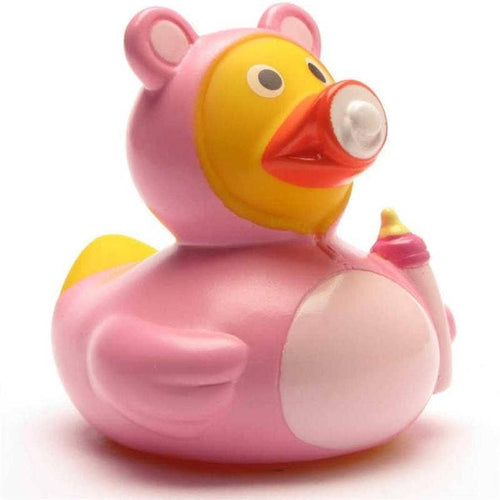 Patito de goma bebé niña rosa con chupete y biberón vista frontal
