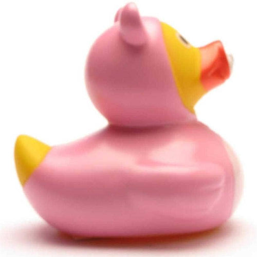 Patito de goma bebé niña rosa con chupete y biberón vista lateral derecha