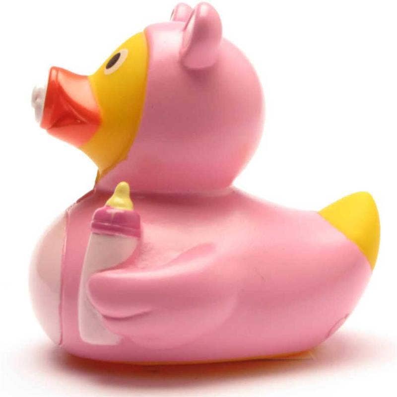Patito de goma bebé niña rosa con chupete y biberón vista lateral izquierda