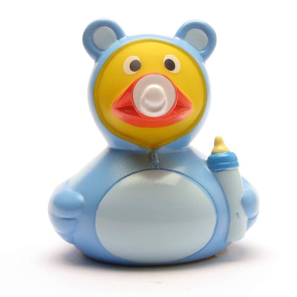 Patito de goma bebé niño azul con chupete y biberón detalle delantero