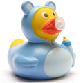 Patito de goma bebé niño azul con chupete y biberón vista frontal