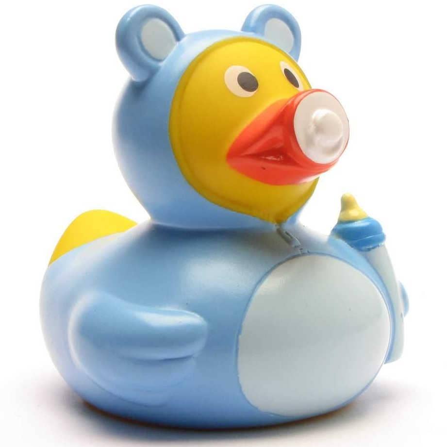 Patito de goma bebé niño azul con chupete y biberón vista frontal