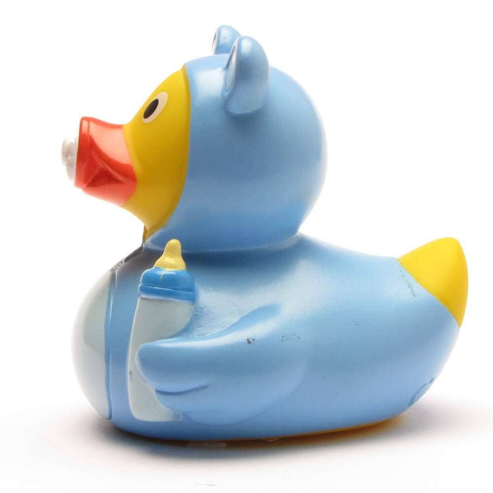 Patito de goma bebé niño azul con chupete y biberón vista lateral