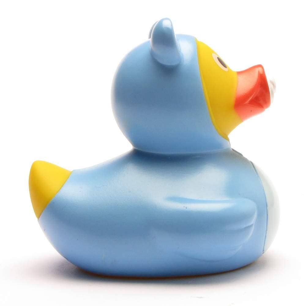 Patito de goma bebé niño azul con chupete y biberón