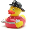 Patito de goma bombero con casco, manguera y hacha vista frontal izquierda
