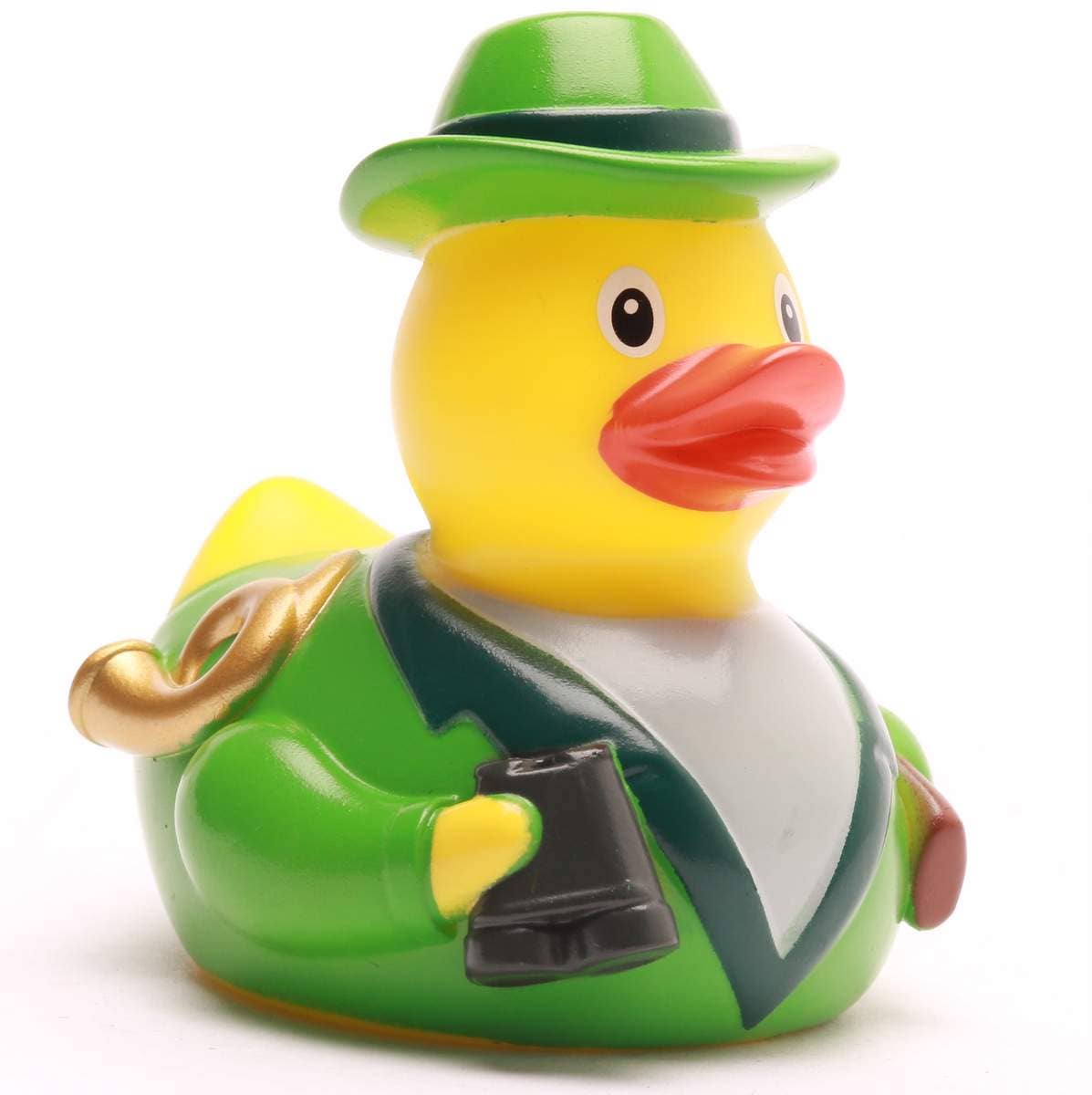 Patito de goma cazador con traje verde y sombrero vista frontal completa