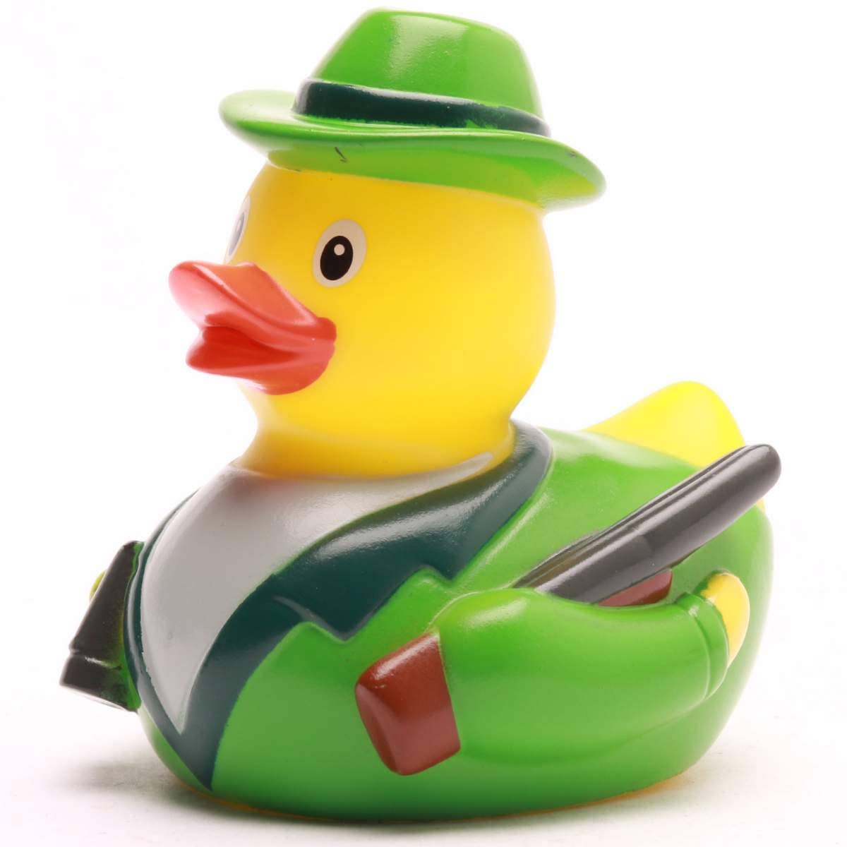 Patito de goma cazador con sombrero verde y escopeta vista frontal