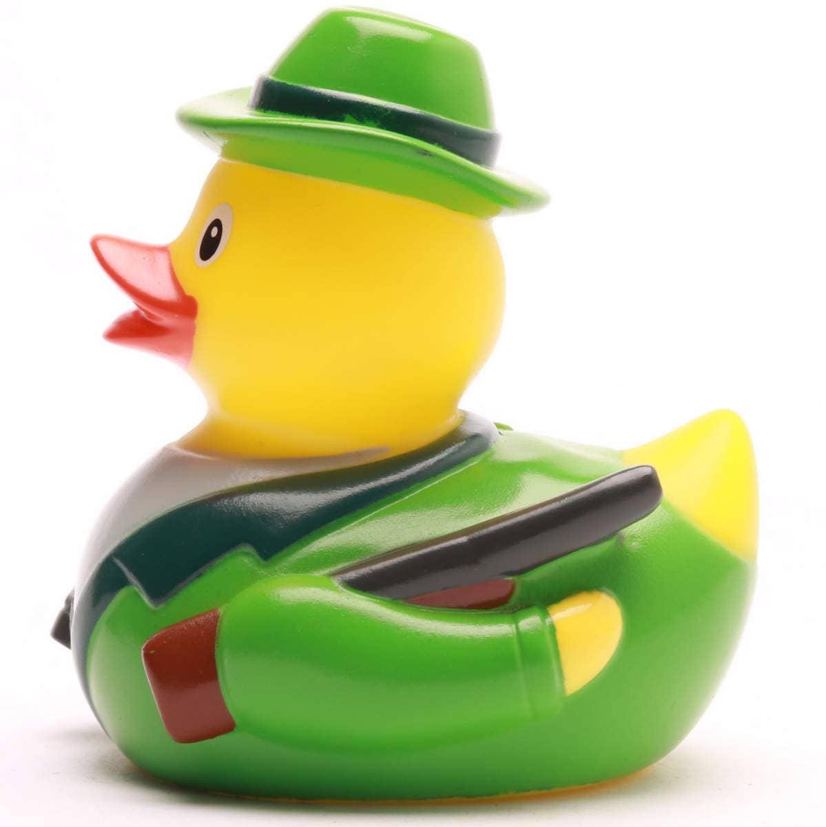 Patito de goma cazador con sombrero verde vista lateral izquierda