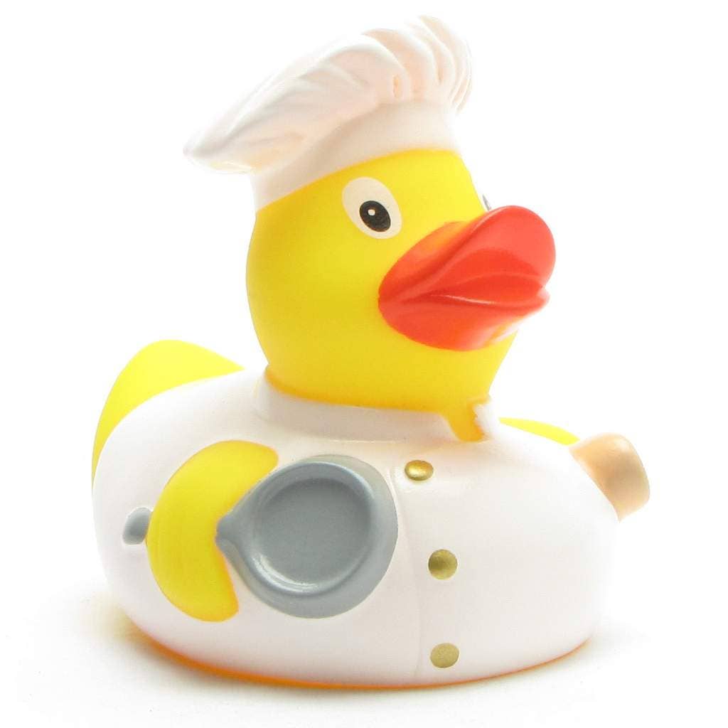 Patito de goma cocinero con uniforme blanco vista frontal derecha