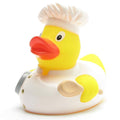 Patito de goma cocinero con uniforme blanco vista frontal izquierda