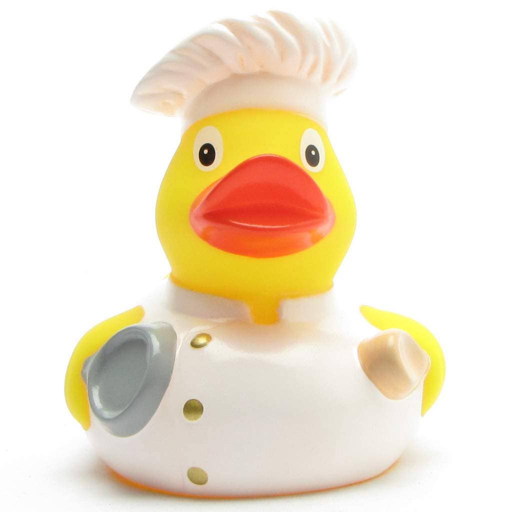 Patito de goma cocinero con uniforme blanco vista frontal