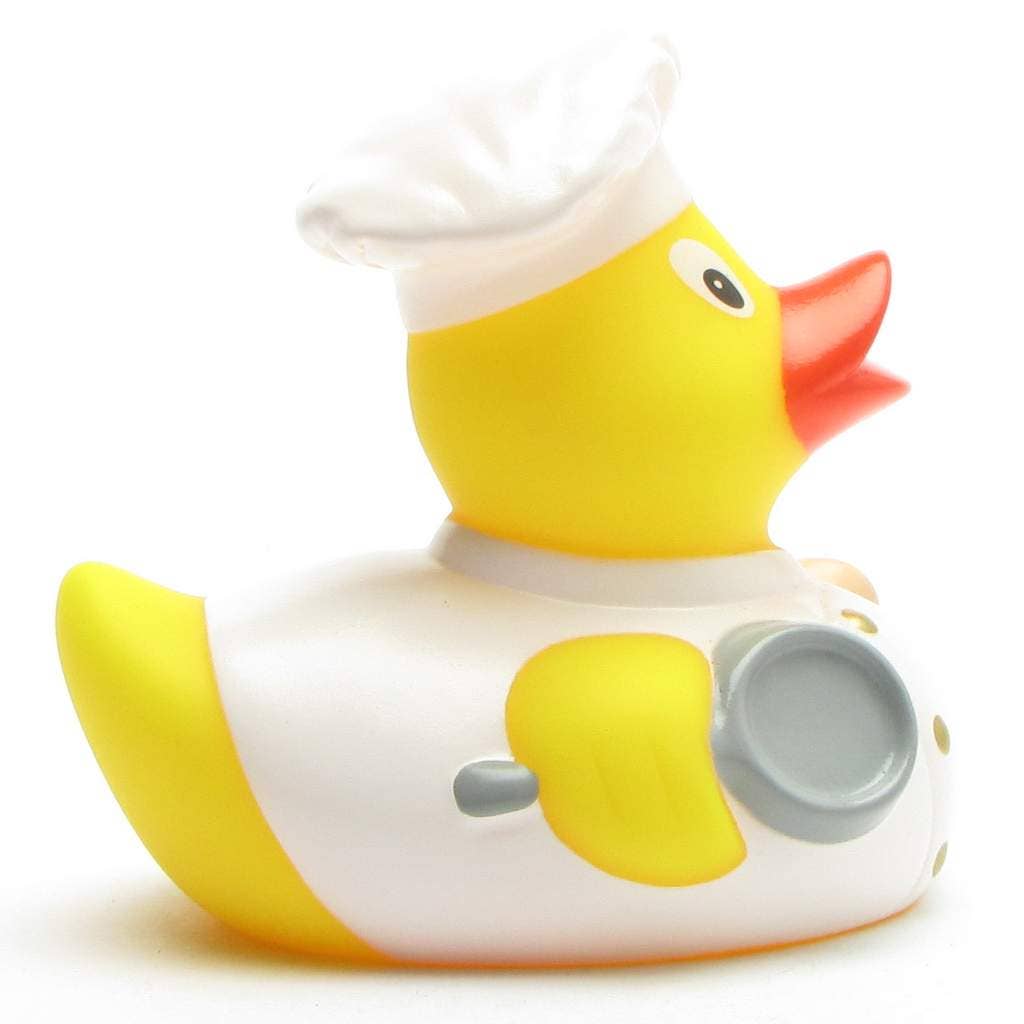 Patito de goma cocinero con uniforme blanco vista lateral derecha