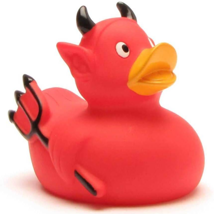 Patito de goma diablillo con tridente vista frontal izquierda