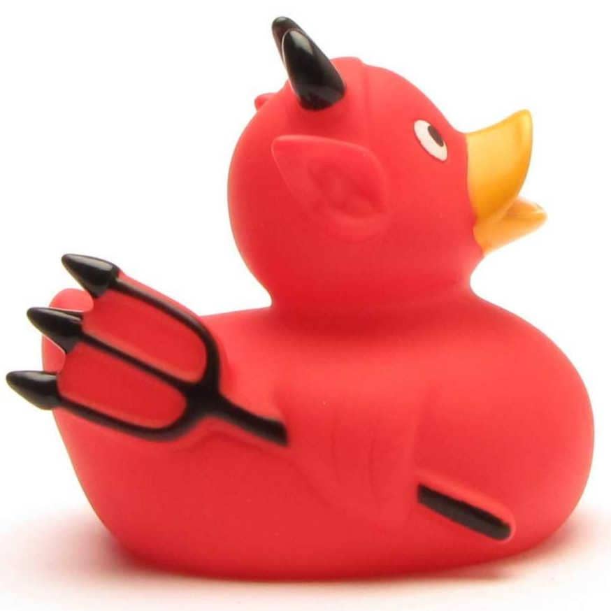 Patito de goma diablillo con tridente vista lateral derecha