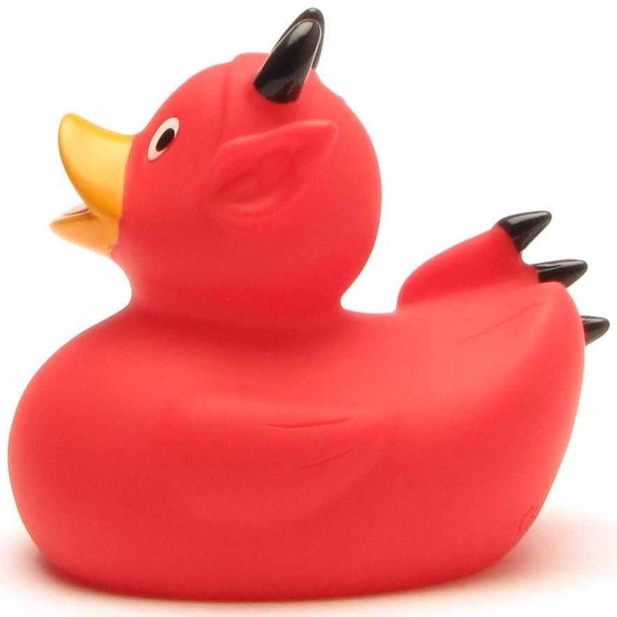 Patito de goma diablillo con tridente vista lateral izquierda