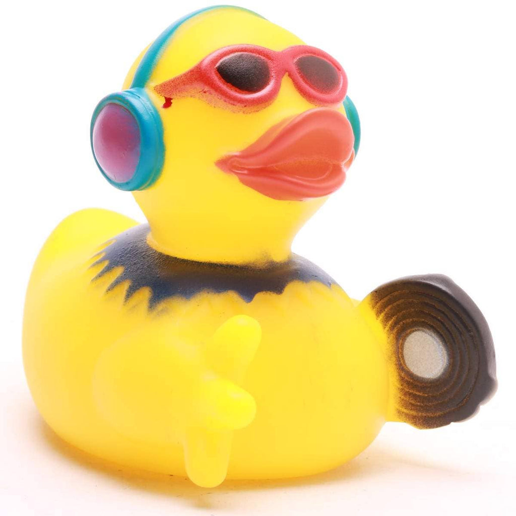 Patito de goma discjockey con auriculares vista frontal