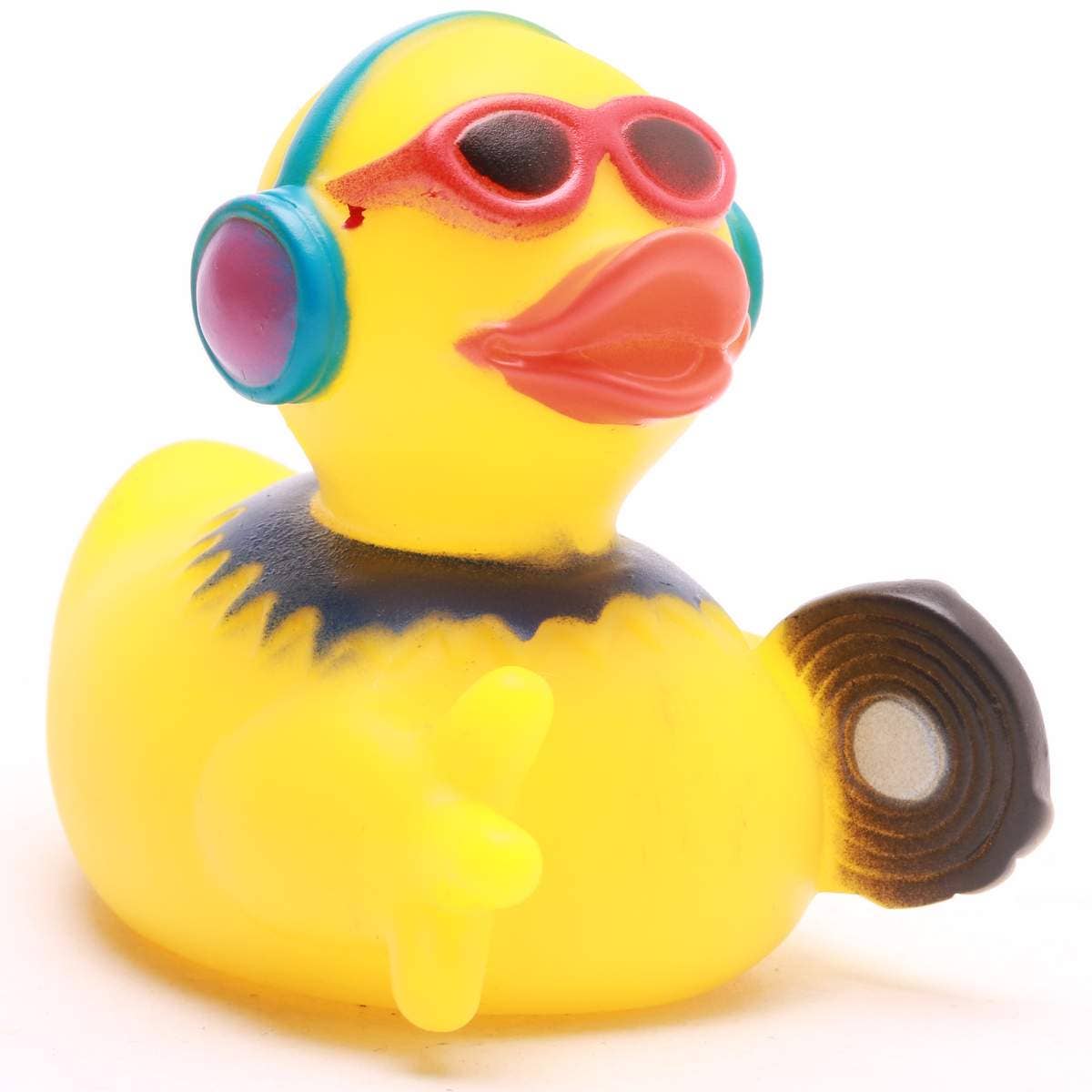 Patito de goma discjockey con auriculares vista frontal